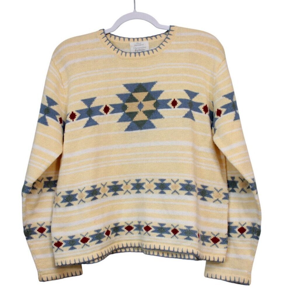 90s Hand Embroidered Aztec Sweater Size Large Ramie Cotton Pastel Southwestern
